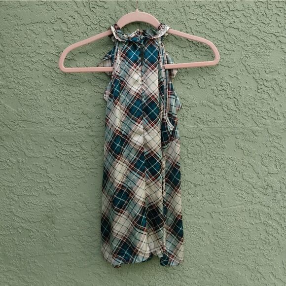 EUC ESSENTIALS BY MILANO Green/White/Red Plaid Ruffled Sleeveless High Neck Top - Picture 6 of 9